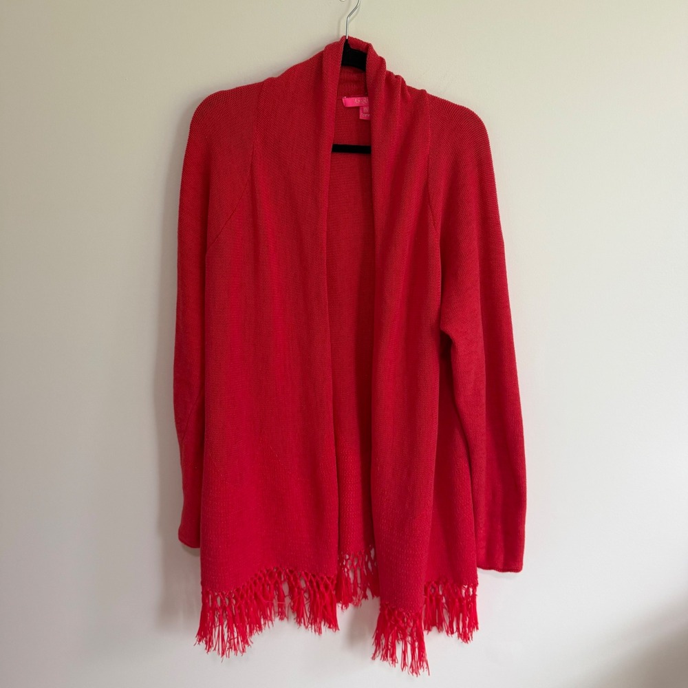 Lilly Pulitzer Womens XXL Red Metallic Knit Fringe Open Front Cardigan Sweater